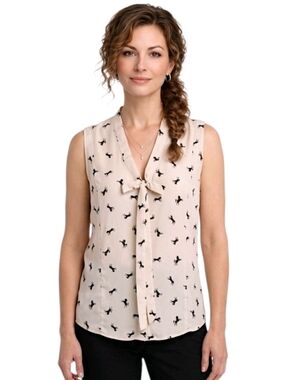 Chloe K Cream Horse Patterned V-neck With Tie Sleeveless Blouse Size S
